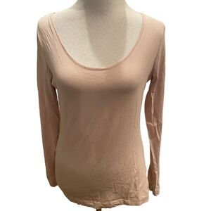 Women Light Pink Long Sleeve Pima Cotton Scoop Neck Fitted T-Shirt Basic  M